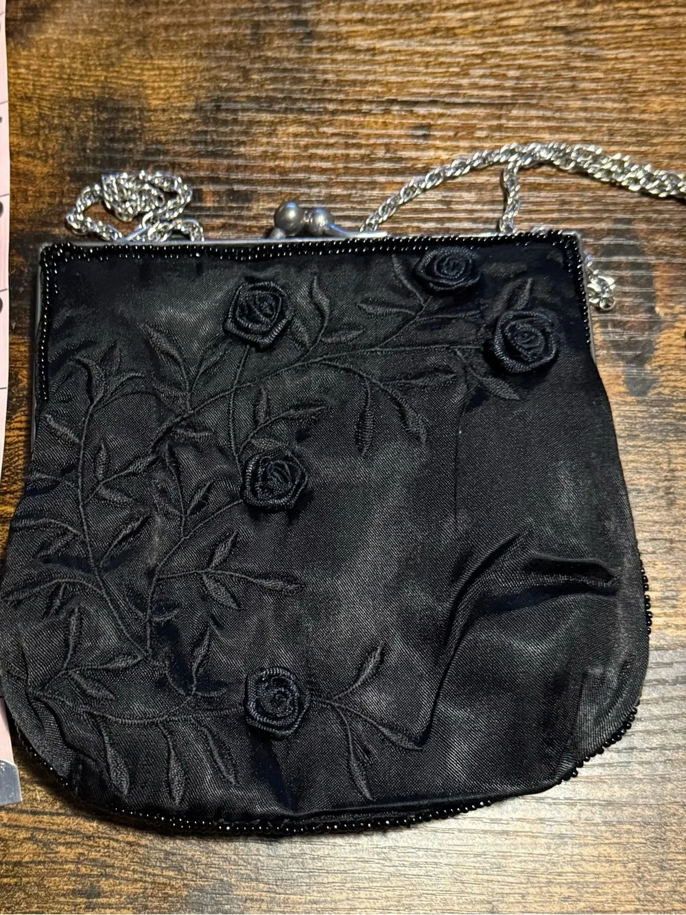 Black Satin Embroidered Rosette Kisslock Coquette Y2k Evening Shoulder Chain Bag